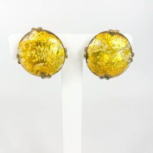 Vintage Murano Glass Gold Avventurine Round Clip on Earrings
